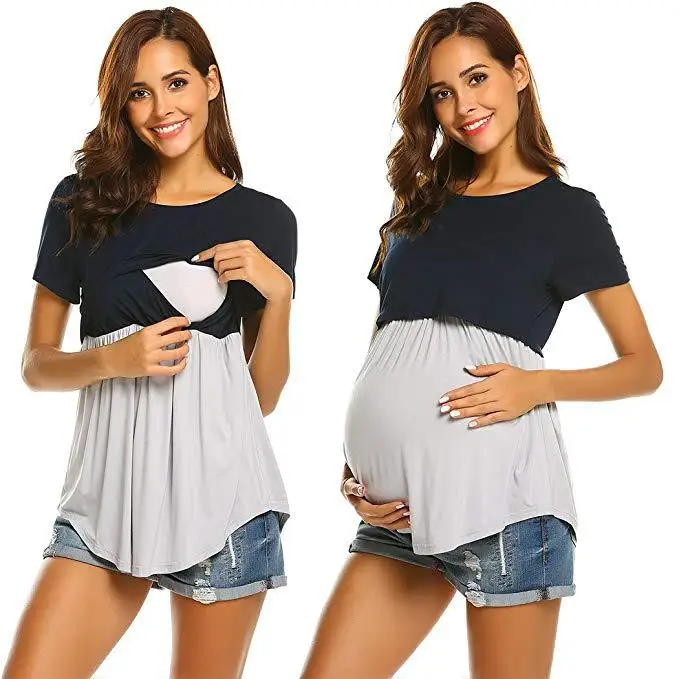 Looztkit Women Maternity T shirt Summer Breastfeeding Cloth Patchwork Nursing Top Casual Breastfeeding Pregnant T-shirt Clothes