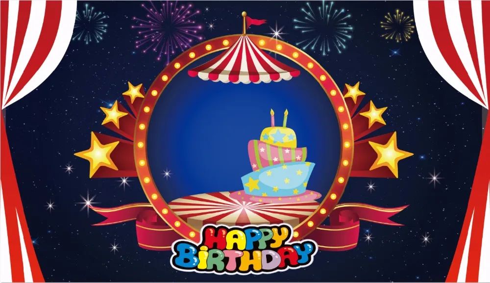 

7x5FT Happy Birthday Circus Stage Ice Cream Candles Fireworks Stars Custom Photo Studio Background Backdrop Vinyl 150cm x 220cm
