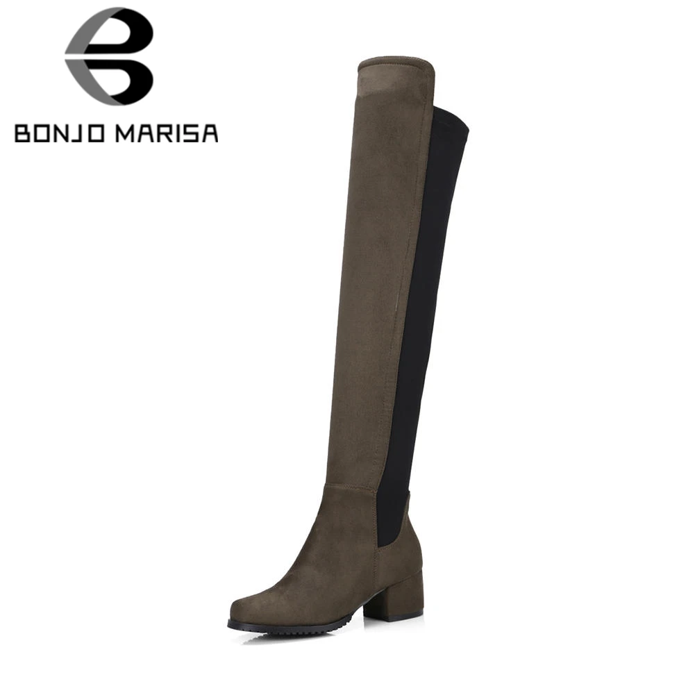 

BONJOMARISA Women Motorcycle Knee High Boots Chunky Heel Platform Shoes Woman Autumn Winter Faux Suede Stretch Knight Boots