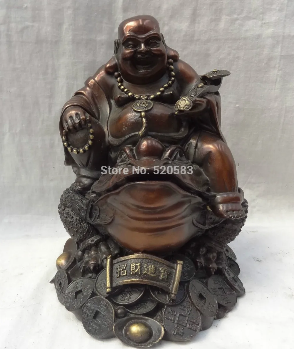 

8" China Red Pure Bronze Fu RuYi Happy Maitreya Buddha Ride Coin Hoptoad Statue
