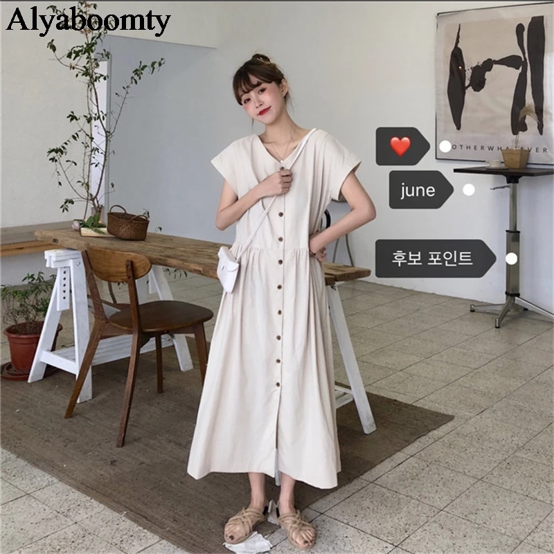 

Korean Style Summer Women Casual Long Dress V Neck White Apricot Oversized Loose Vestidos Longo Buttons Cotton Retro Shirt Dress