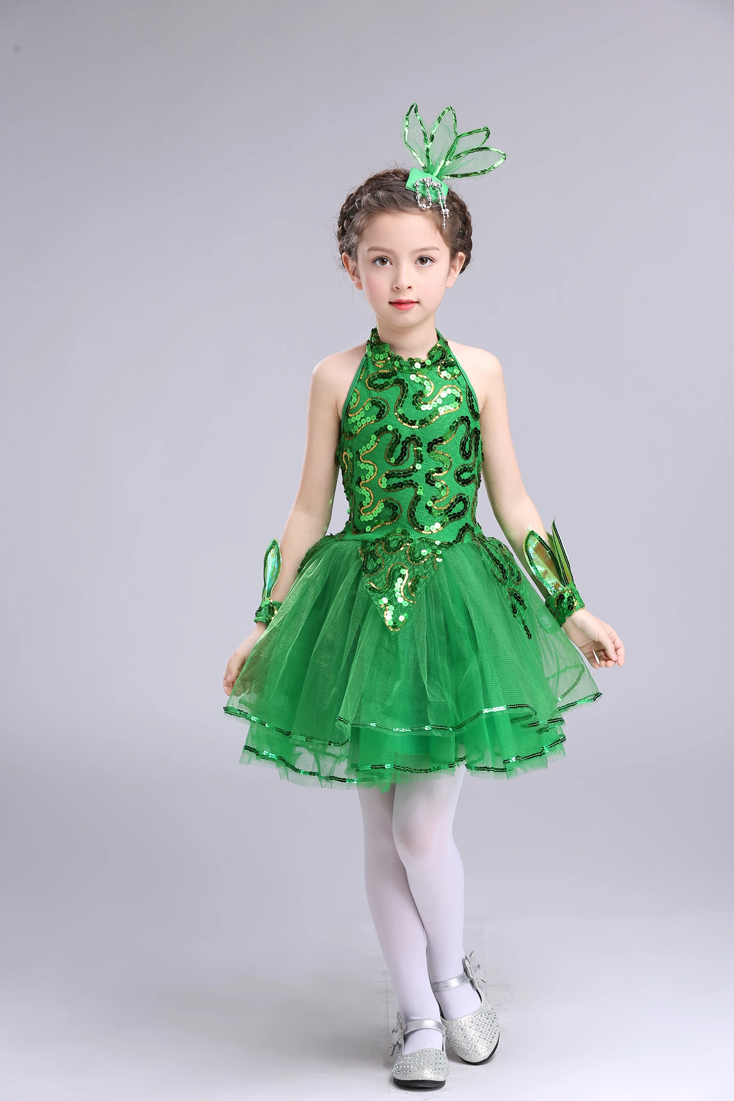 Children Latin Grass Performance Clothing Green Puffy Princess Dress Girls Jasmine Chorus Suit Modern Dance Ballet Dress