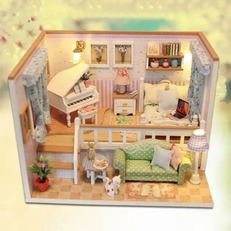 Светодиодный 3D деревянный ручной работы дом Элегантный DIY Миниатюрный Кукольный домик комплект модель с мебелью подарок на день рождения игрушки для детей