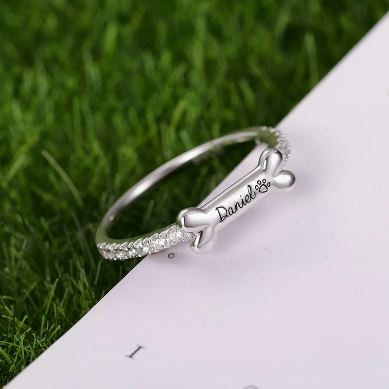  AILIN Personalized Dog Bone Shape Dog Pet Name Ring Memorial Ring Dog Paw Ring Girl Women Rings Cus