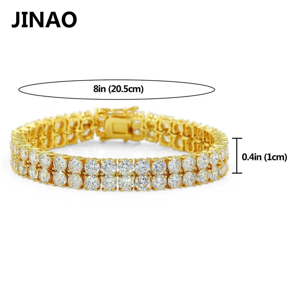 JINAO الهيب هوب أساور 2 صفوف الذهب الفضة AAA زركون معبد جميع مثلج خارج تنس بلينغ مختبر تشيكوسلوفاكيا الحجارة سوار ل هدية