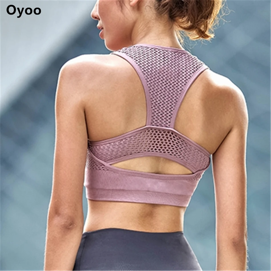 Oyoo Shockproof High Impact Pink Sports Bra Women Net Yarn Padded Yoga Bra Breathable font b