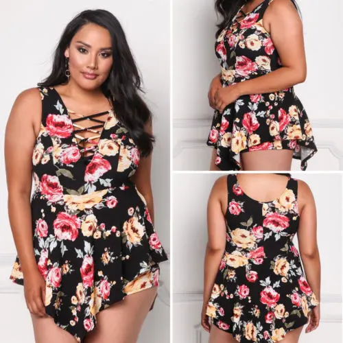 Plus Size Women Push up Floral One piece Monokini Padded Bikini Set ...