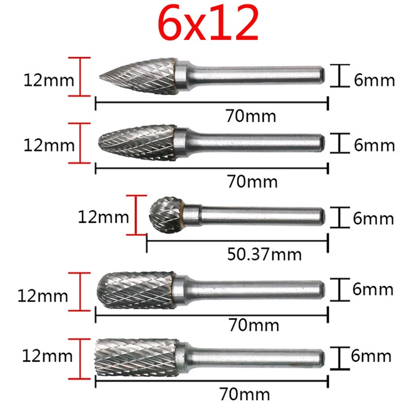 5Pcs / Set New Carbide Tungsten Steel Grinding Head 6x10 6x12mm Rotary Boring Cutter Woodworking Wood Carving Carving Knife