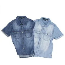 Джинсовые рубашки для мальчиков; однотонные топы для подростков; рубашки с короткими рукавами; летняя крутая хлопковая одежда для детей с карманами и пуговицами; детская От 4 до 16 лет
