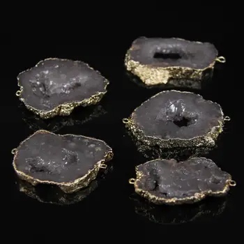 

5pcs/lot,Titanium Grey Agates geode Slab Connector,Rough Raw Quartz geode Freeform slice nugget Gold Edge Pendant Necklaces