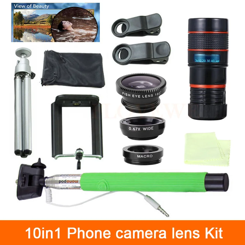 Universal 10in1 8X Zoom Telescope Lenses 3in1 Fish Eye Wide Angle Macro Lens Selfie Stick Clips