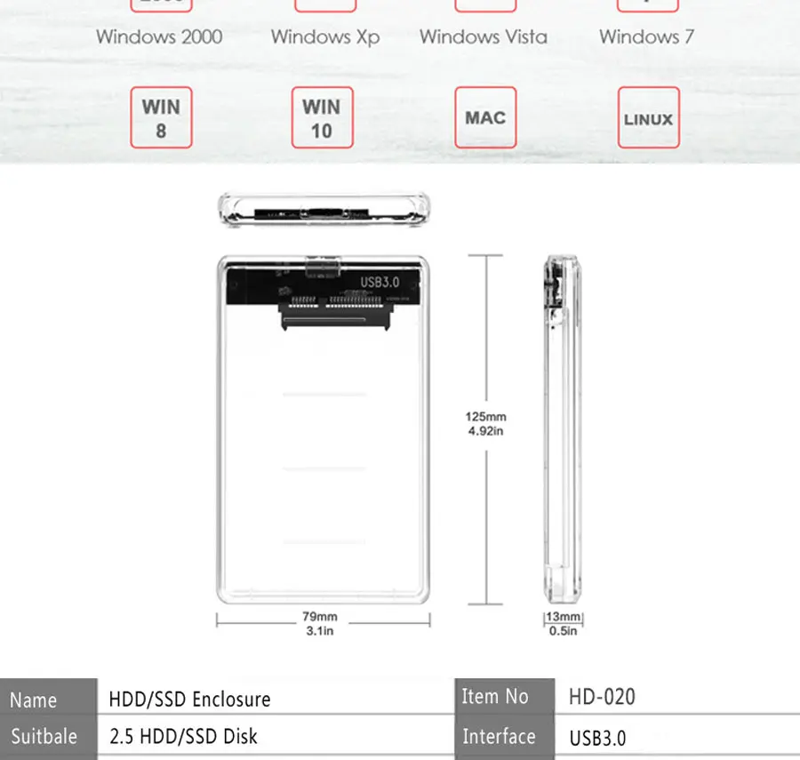 Urgrico SATA to USB3.0 Внешний 2," HDD корпус UASP ssd чехол жесткий диск чехол для samsung Seagate WD 2 ТБ жесткий диск