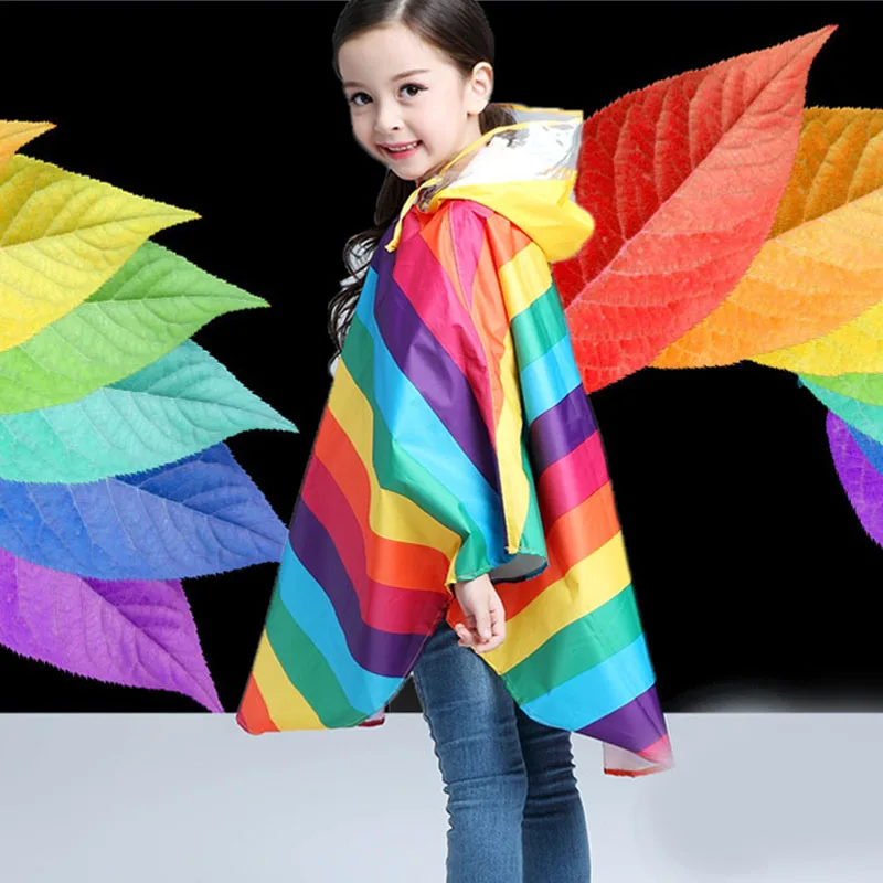 

Yuding Kids Students Rainbow Children's Raincoats Boys Polyester Impermeable Jackets Hooded Outdoors Rain Coat Girls Poncho