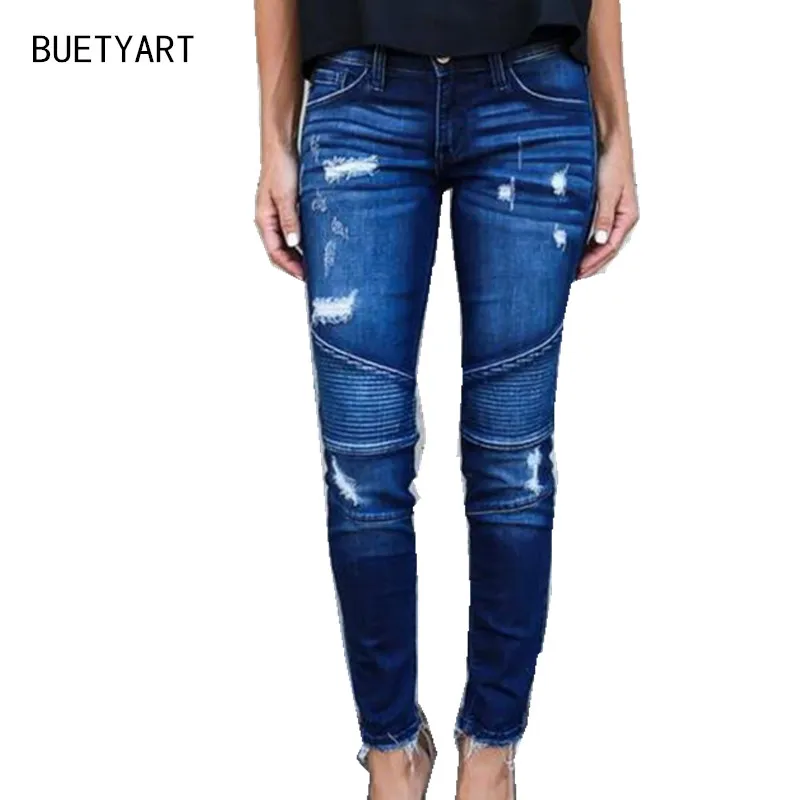 BUETYART Women`s Motorcycle Biker Zip Mid High Waist Stretch Skinny