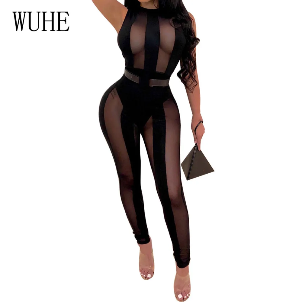 

WUHE Black Perspective Sexy Mesh Jumpsuits Women Sleeveless Fashion Casual Hollow Out Bodycon Playsuits Sheer Nightclub Wear
