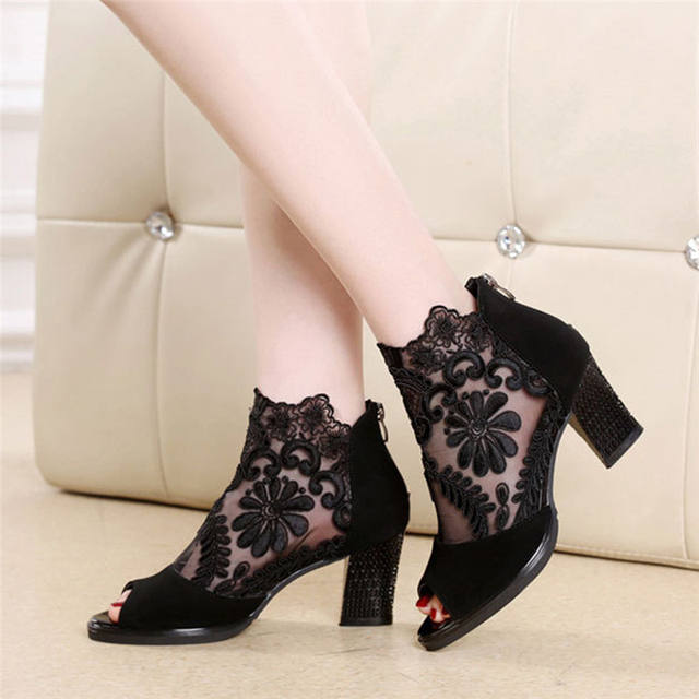 Lucyever Women Sandals Square High Heel Summer Shoes Woman Sexy Flower Lace Hollow Peep toe Gladiator Sandals Plus Size 35-43