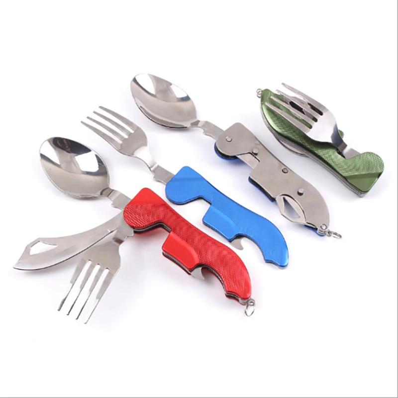 Mejor venta Multi-función de Camping al aire libre Picnic vajilla cuchillería de acero inoxidable 4 en 1 cuchara plegable cuchillo de tenedor y abrebotellas