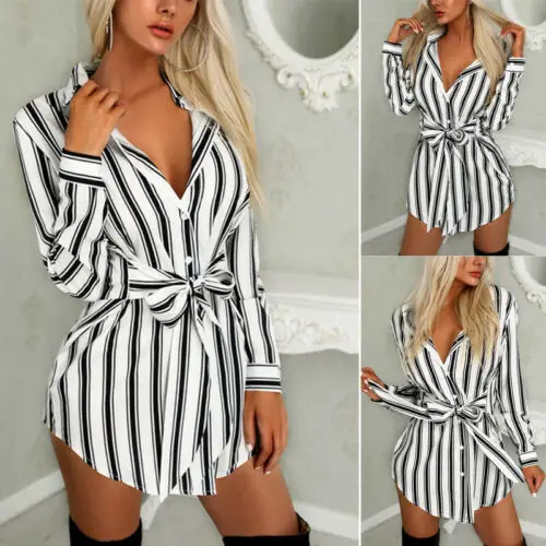 

Hot 2019 Sexy Womens Summer Long Shirt Belt Long Sleeve Striped Casual Party Mini Dress Straight V-Neck Ladies Tops Plus Size