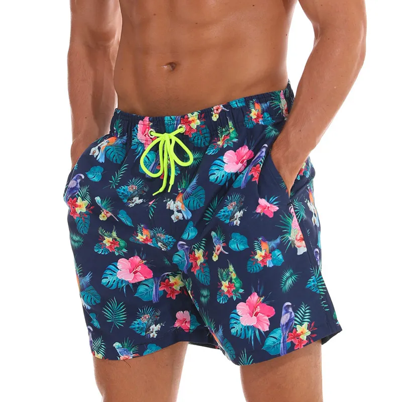 Escatch, новинка, быстросохнущие летние мужские шорты с принтом s, пляжные шорты для серфинга, Siwmwear, Бермуды для плавания, для мужчин, с принтом фламинго, пляжные шорты - Цвет: Bird Flower