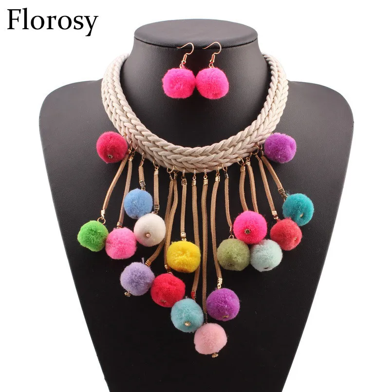 

Florosy Handmade Ethnic Colorful Ball Pendant Necklace For Women With Earrings Set Chunky Statement Braided Rope Chain Necklace