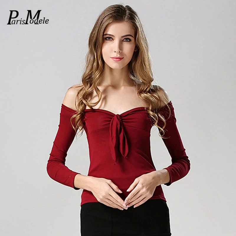 Parismodele Women Tops 2016 Summer Style New Fashion Slimming Tee Shirt Bow Slash Neck Long Sleeved Casual Solid T-Shirt | Женская