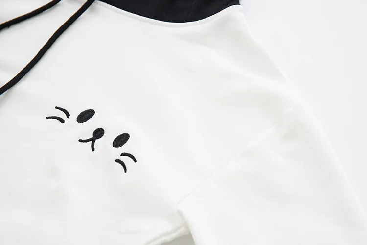 Harajuku Толстовка для женщин милый Кот Вышитые Черный Белый лоскутный осенний пуловер с длинными рукавами Толстовка Kawaii женская верхняя одежда