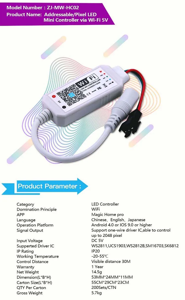 DC12V/5V WIFI RGB pixel SPI controller by smart phone APP Amazon Alexa and Google Home for WS2811/1903/WS2812 full color strip