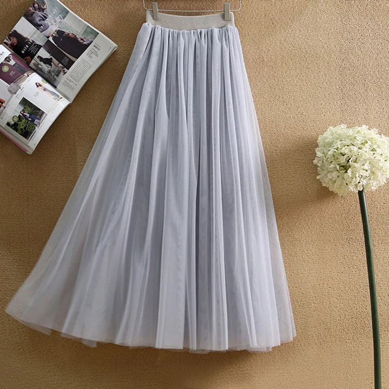 

New Fashion Long Pleated Tutu Skirt With Lined Womens Elastic High Waist 2019 Hot Sale Tulle Mesh Skirt Female Vintage Skirts
