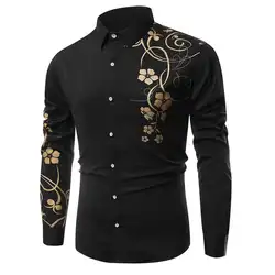 Модные мужские Bauhinia кнопки с рисунками отложной воротник длинный рукав рубашка Тонкий Топ Повседневный