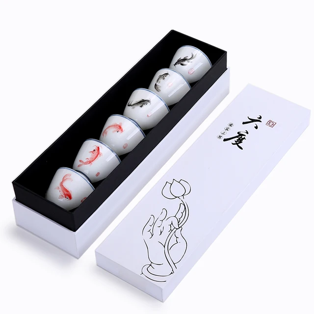 Special Price 6pcs Chinese Kung Fu Drinkware New Personal Tea Cup Set Jingdezhen Blue and White Porcelain Mug Hand-painted Fish With Gift Box