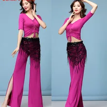 Новинка, женская одежда для танца живота с v-образным вырезом, восточные Модальные костюмы, набор из 2 предметов, MS, топы для танца живота, штаны, тренировочная одежда