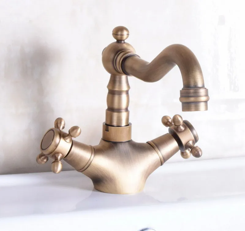 Two Cross Handles Antique Brass Single Hole Swivel Spout Kitchen Sink Bathroom Vessel Basin Faucet Mixer Tap anf245