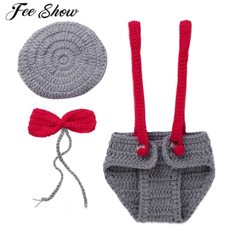 

Newborn Baby Boys Girls Photo Costume Set Bloomers+Hat+Bowtie Handmade Crochet Knitted Photography Props Outfits Accessory