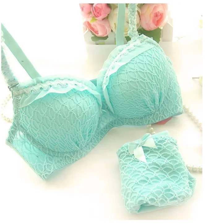 New Sexy Women Bra Set Push Up Young Girl Fashion Lingerie Underwear Suit Cute Bowknot Bra A B Cup - Цвет: Blue