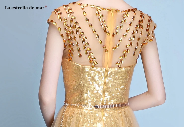 Vestido madrinha Новинка года Scoop кепки рукавом средства ухода за кожей шеи тюль блёстки бриллиантами линии золото подружки невесты платья дл