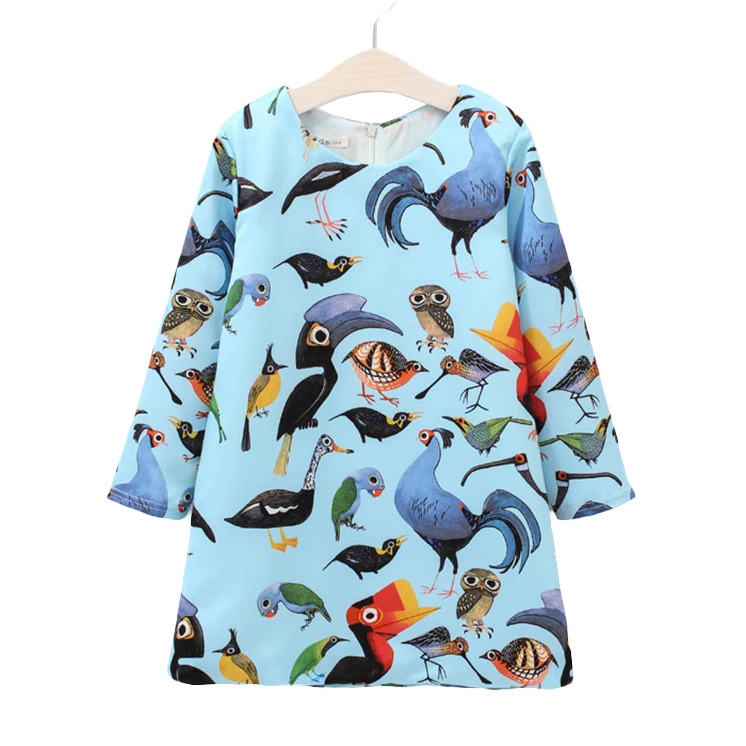 

Girls Graffiti Dresses 2017 Parrot Bird Pattern Cute Princess Dresses Blue Animal Print Frocks European American 12M-10Y GD124