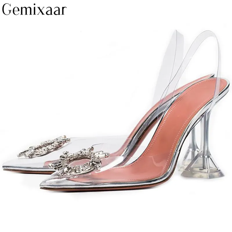

Sexy Clear PVC Studded Sun-sharpe Crystal Shoes Woman Pointed Toe Slim Shallow Sandalias Novelty Design Chic Jewel Women Sandal