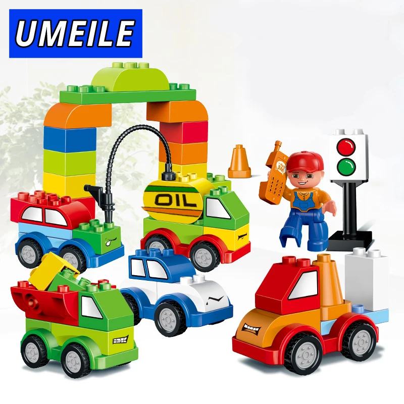 

UMEILE Brand 52PCS Varied Bricks Set Car Gas Station Truck Crane Building Blocks Kids Toy Compatible with Duplo Christmas G