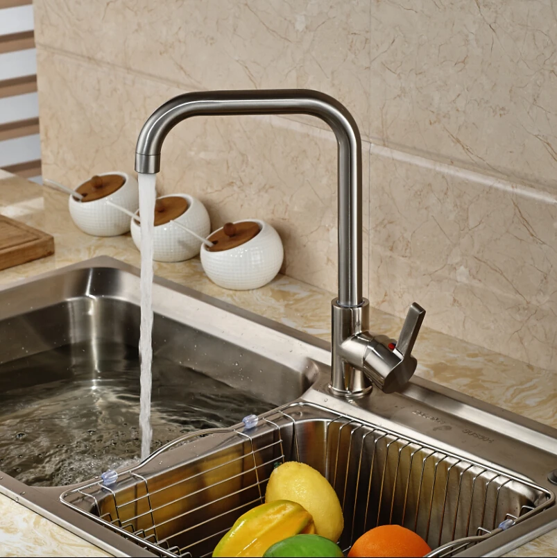 Brushed Nickel 360 Rotation Kitchen Sink Faucet Single Handle Kitchen Mixer Taps Deck Mount