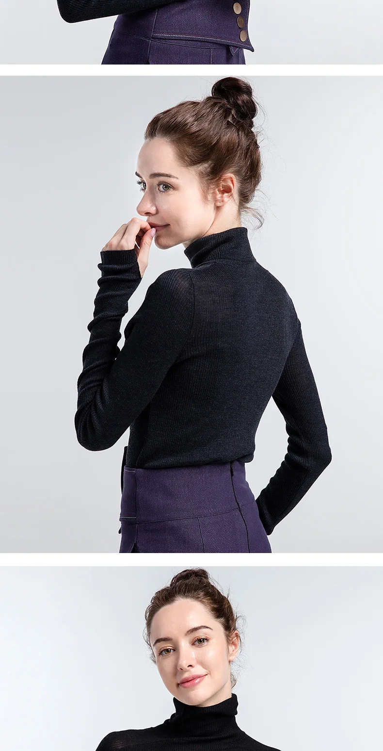 Women Wool Pullover 100%Wool Sweater For Women Turtleneck Rib Knits Fall Winter Bottoming Sweaters