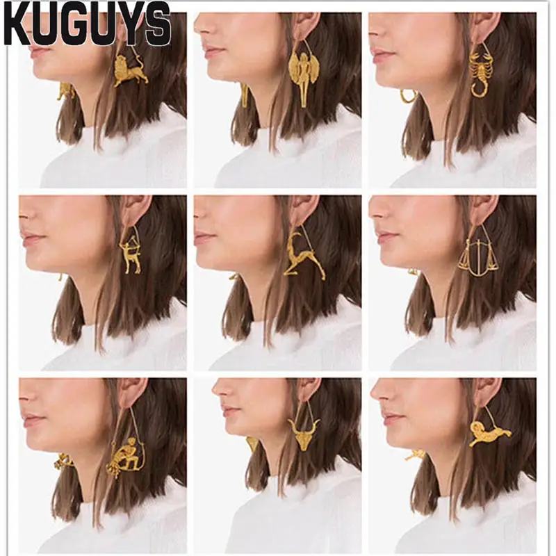 

KUGUYS Fashion Jewelry Vintage Metal Large Earrings for Women Hyperbole 12 Constellation Drop Earring Brincos Cool Accessories