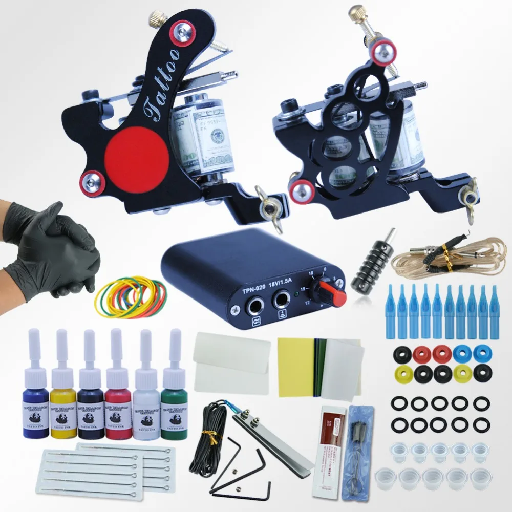 Professional Tattoo Kit Body Tattoo Art 2 Tatto Gun Machine with Grips Needles 6 Color Ink LCD Black Power Units Body Art Sets