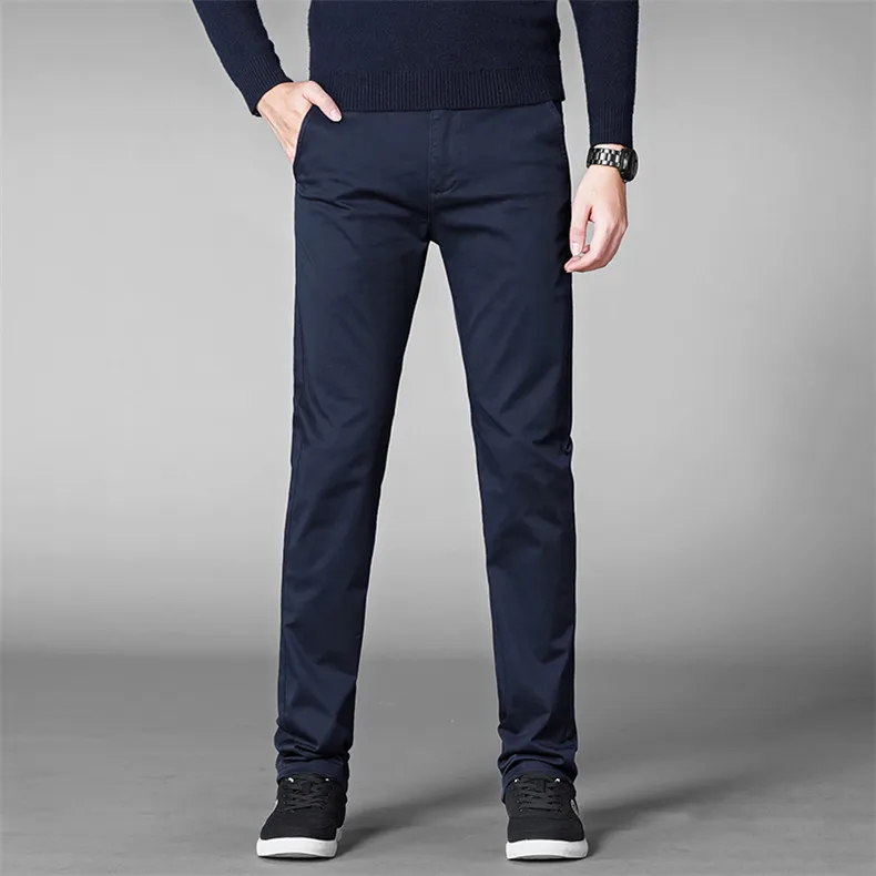 Осенние повседневные брюки мужские бизнес стрейч хлопок прямой крой брюки мужской официальный костюм брюки, расцветка черная и хаки плюс размер 42 44 46 - Цвет: Navy