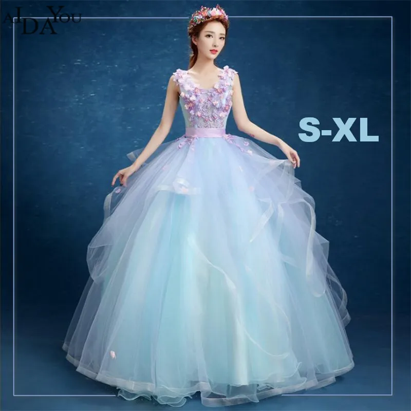 

Banquet dinner women long mesh lace Dress floor-length Shiny v neck ball gown formal quinceanera princess Dresses ouc1281