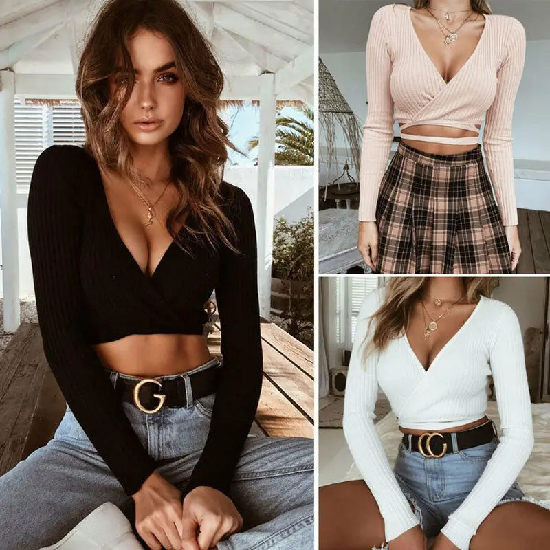 

2019 Sexy Women Ladies Loose Tops Long Sleeve Deep V Neck Bandage Sexy Crop Tops T Shirt Casual Plus Size