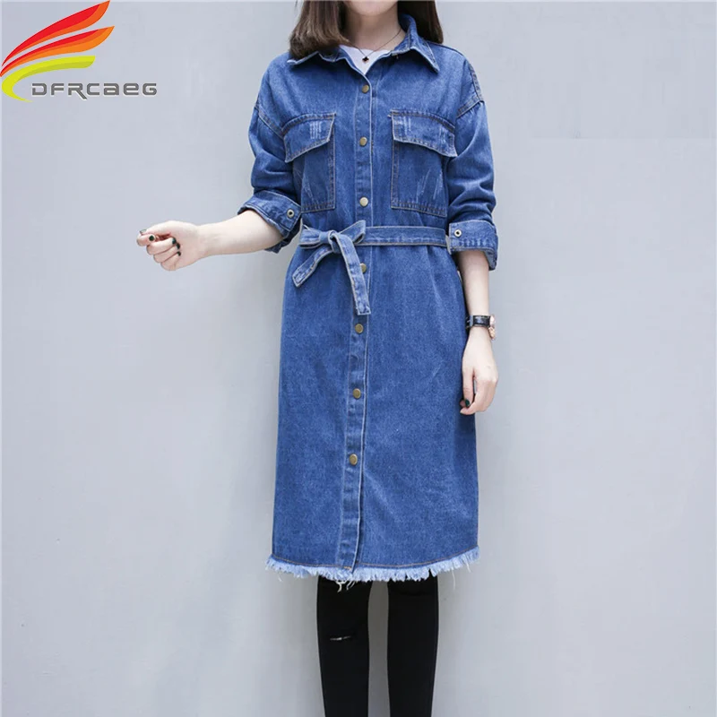

Women Long Denim Jacket With Belt Autumn Winter 2018 New Streetwear Solid Woman Wind Jean Jacket Single Breasted Coats Women