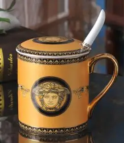 Керамическая кофейная кружка, посуда золотая цепочка на голову кружка для молока с крышкой и ложкой - Цвет: gold head mug