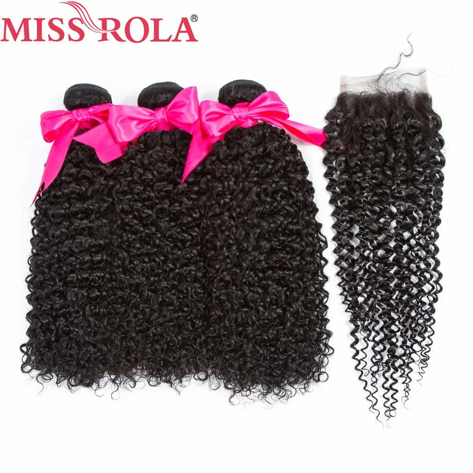 Miss Rola волос бразильские волосы Weave 100% натуральные волосы странный вьющиеся 3 Связки с синтетическое закрытие не волосы remy Расширения натуральный цвет - изображение