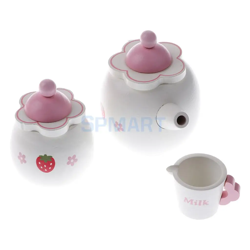 Miniature Dollhouse Wooden Strawberry Themed Afternoon Tea Set Food Kitchen Pretend Play Set