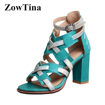 

Light Blue Women Gladiator Sandals Ankle Strap 8cm Silver Chunky High Heels Summer Pumps Black Mixed Blue Dress Sandalias Femme